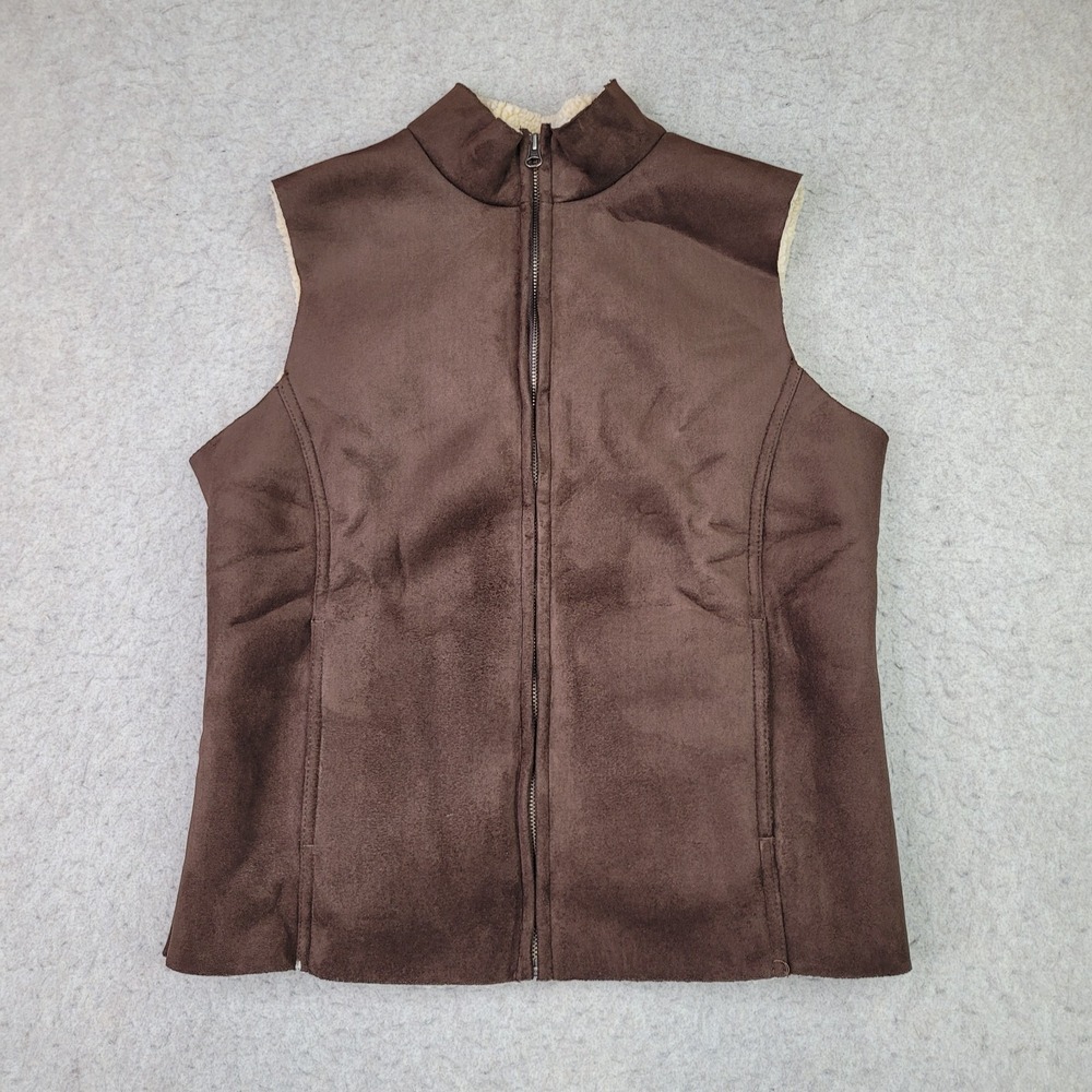 Lands End Vest Womens‎ S (6-8) Sherpa Shearling Lined Vegan Faux Suede Zip-Up